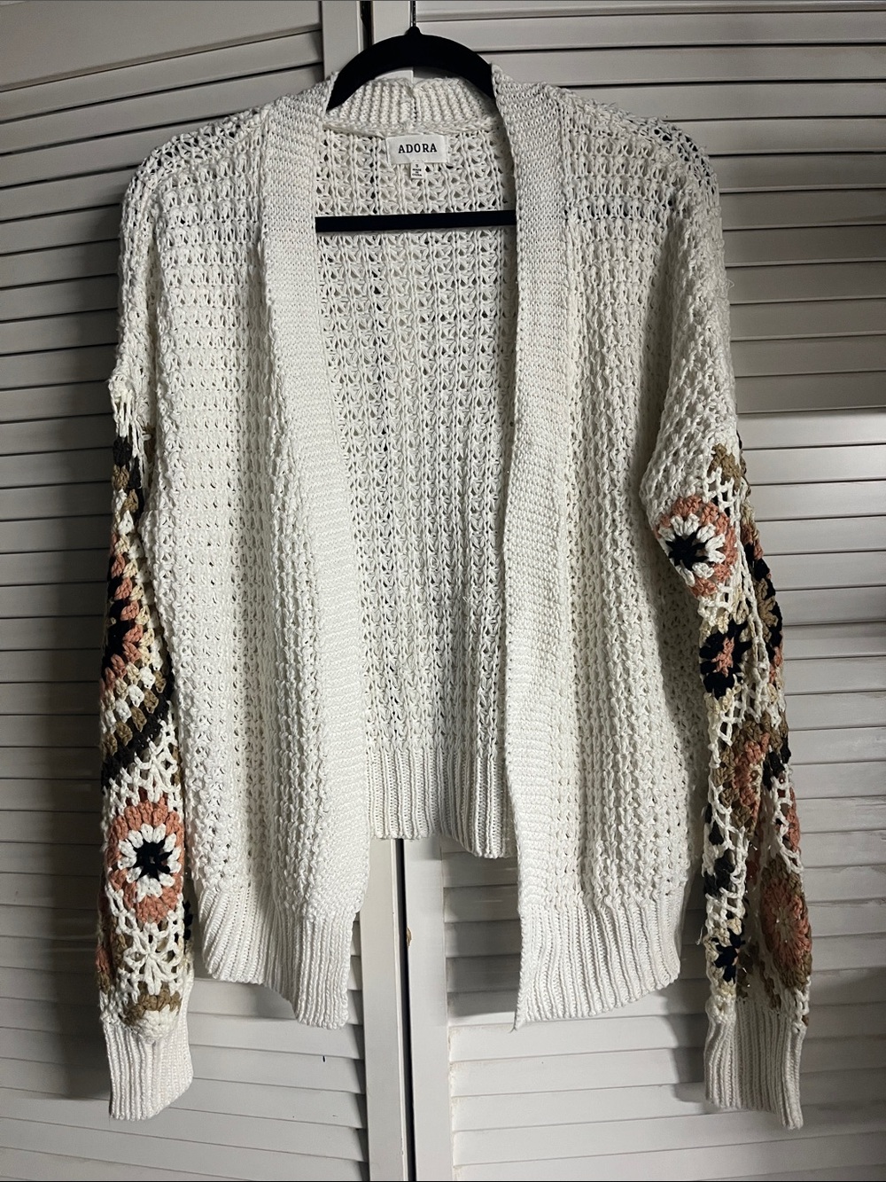 ADORA Cream Open-Knit Cardigan with Multicolor Crochet Sleeves